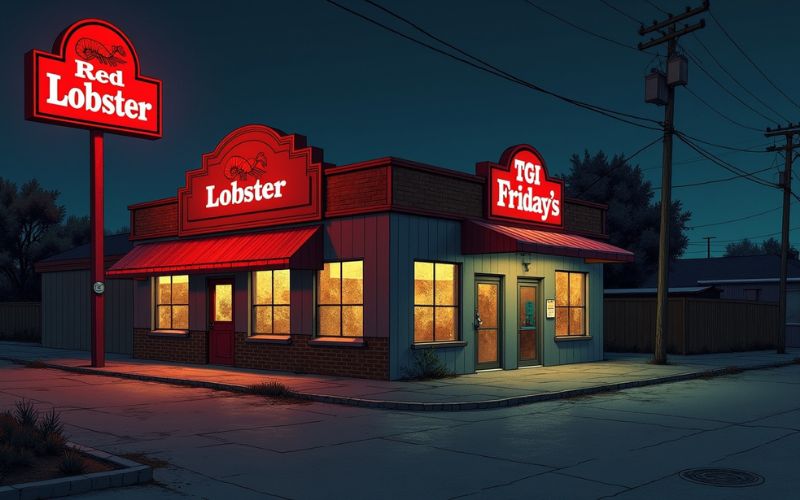 Exterior signs of Red Lobster and TGI Fridays with "Closing Soon" banners in 2025