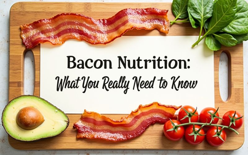 Sliced cooked bacon on a plate with nutrition facts overlayed