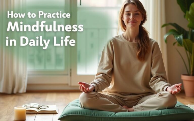 Woman practicing mindfulness during morning meditation at home