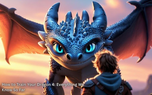 Hiccup and Toothless gaze over a cliff as dragons soar in the sky, hinting at their return in How to Train Your Dragon 4