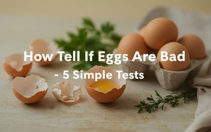 A cracked egg on a kitchen counter being tested for freshness using the water float test, illustrating how to tell if eggs are bad.